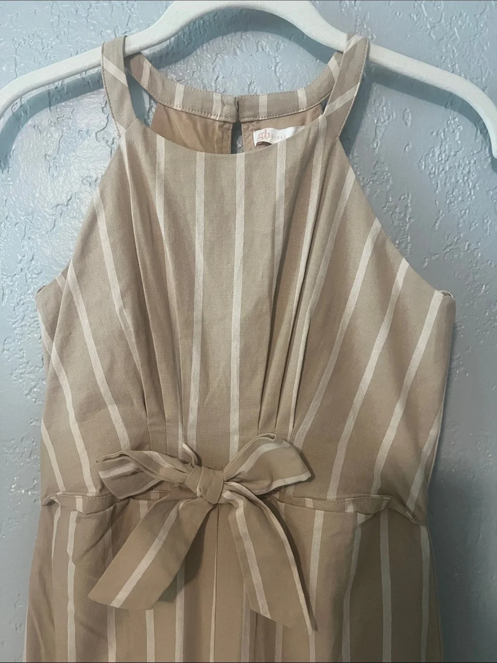 GB girls Tan and White Striped Halter Jumpsuit with Waist Tie